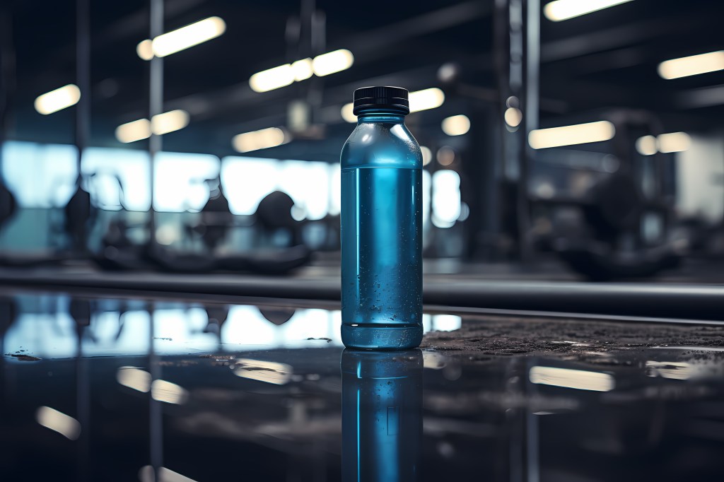 A transparent sports bottle with blue liquid in the middle of a gym