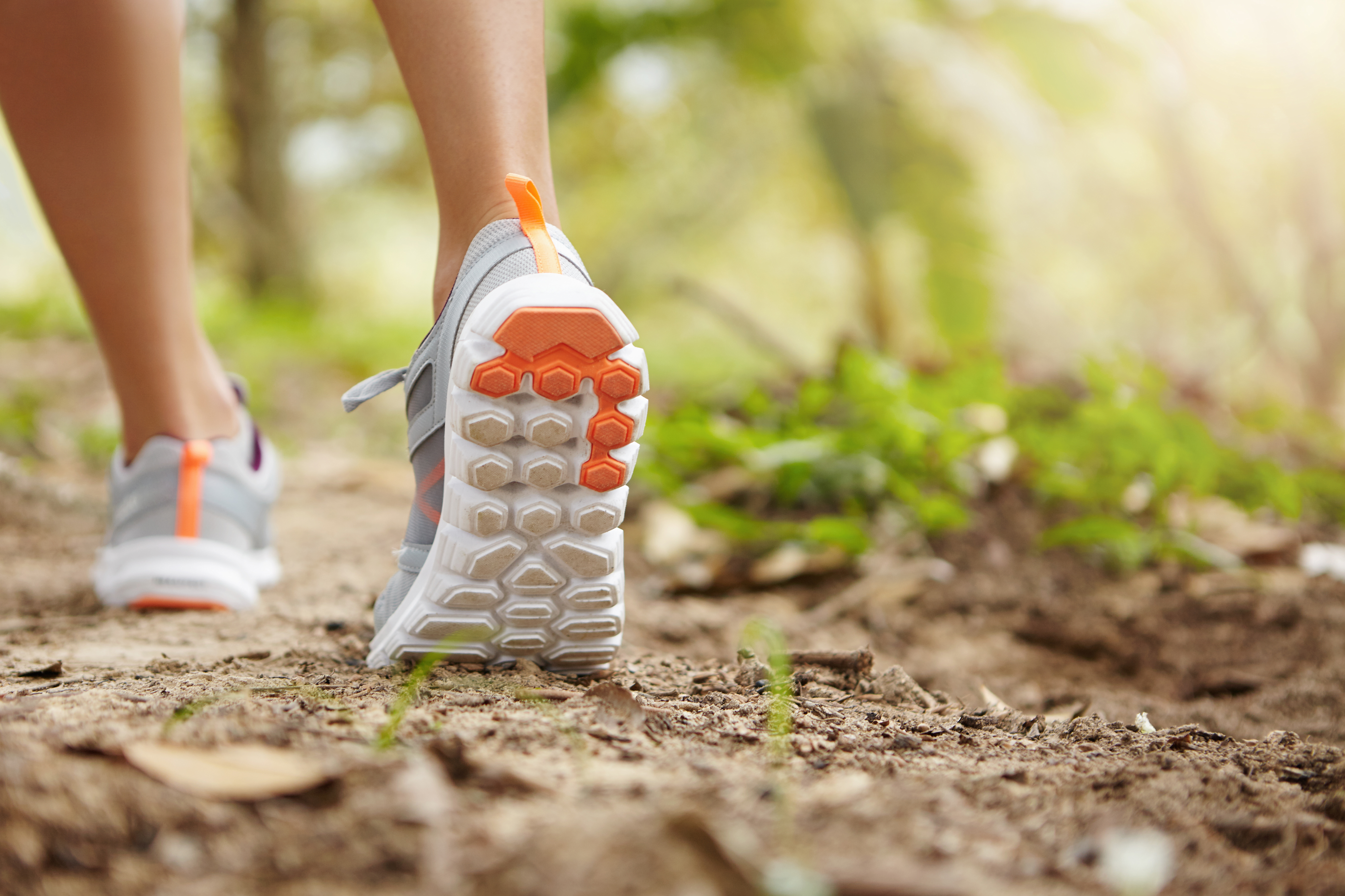 Close up of feet in sneakers walking on trail